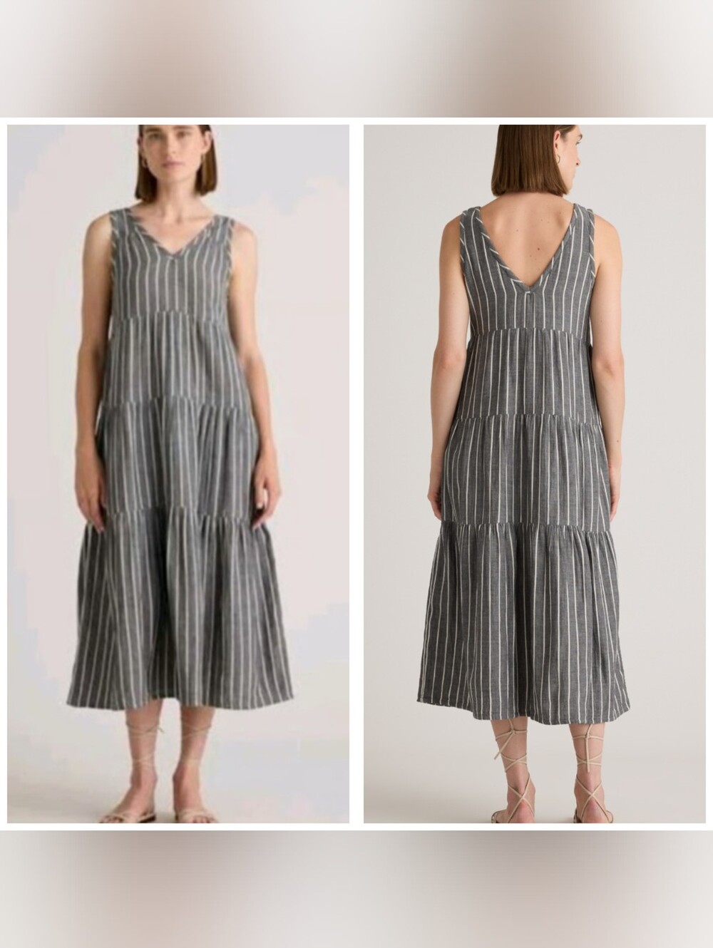 Quince Organic Cotton Gauze Tiered Midi Dress Striped Size S Gray
